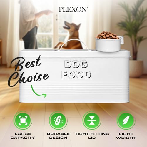 Plexon Metal Dog Food Storage Container with Scoop - Small Dog Food Container 10lbs Holder Treat Jar Bin with Lid - Pet Chow Storage Canister Tin, 2 Gallon, White - color: White, 2 Gall Capacity