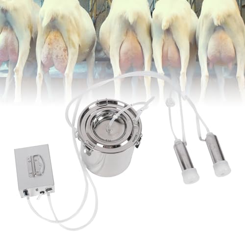 Electric Milking Machine, Portable Vacuum Milker with 5L Stainless Steel Bucket and Adjustable Pulsation, for Goat and Cow, Rechargeable Battery Operation