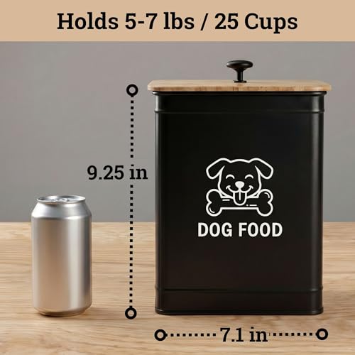 Metal Dog Food Container 5-7lb, 25 Cup w/ Airtight Bamboo Lid, Metal Handle | Pet Jar For Dogs up to 50lbs, Airtight Bamboo Lid, Sturdy Comfortable Metal Handle, Powder Coated Iron, Kibble Storage Bin - color: Black: Dog Face