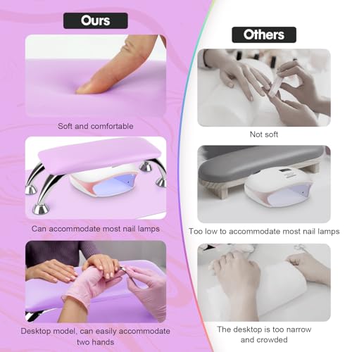 Arm Rest for Nails Tech with Table Mat for Salons and Home Manicures, Soft Microfiber Leather Nail Hand Rest for Relaxing Arms, Non-slip Height Hand Pillow Cushion Nail Salon Manicure (Purple)