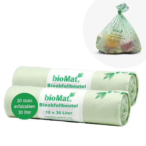 bioMat 8 Gallon Compostable Food Scrap Bags, 20 Count | BPI, CMA and OK Compost HOME certified, Meets the ASTM D6400 Standard, Medium Flat Top Waste Bags for Kitchen Food Waste Bin - size: 10 Count (Pack of 2), style: 8 Gallon