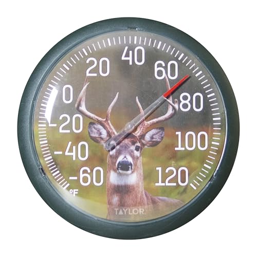 Taylor Buck Indoor Outdoor Dial Thermometer, Wireless Easy Read Large Numbers for Patio Pool Garden Garage Indoor Use, Weather Resistant 13.25 Inch Home Decor Stylish Outdoor Temperature Gauge, Green - style: Buck