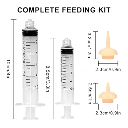 Pet Feeding Syringe with Silicone Nipples | Kitten Syringe for Feeding Newborn Kittens, Puppies, Rabbits and Small Animals (5ml+10ml +10 Silicone Nipples) - color: Ivory