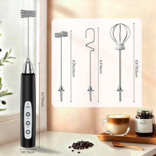 Colarlemo Milk Frother Handheld Rechargeable, Frother Wand Drink Mixer Electric Whisk for Coffee, Detachable With 3 Stainless Whisks, Hand Mixer for Lattes, Cappuccino, Matcha, Egg, No Stand,Black - color: Black, style: without stand