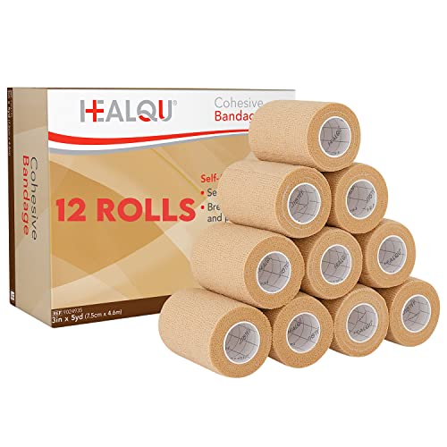 HEALQU Self Adhesive Bandage Wrap – 12 Rolls 3" x5Yd Cohesive Tape for Athletic & Sports -Self Adherent Medical Tape, Flexible, Waterproof Elastic Bandages for Wrist & Ankle Vet Wrap for Dogs - size: 3" Box of 12