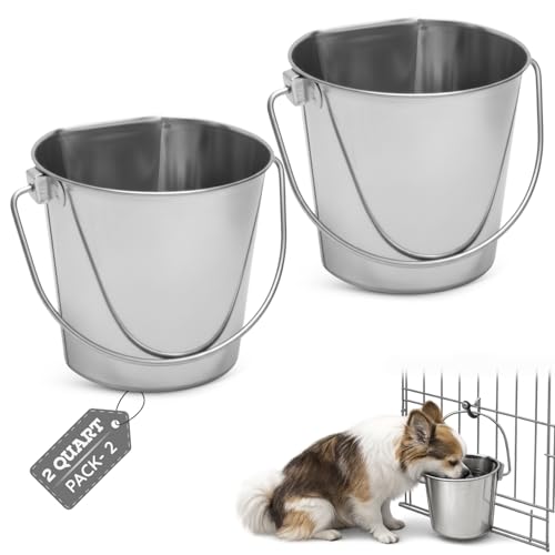 Flat Sided Stainless Steel Bucket 2 Quart Hanging Feeding Pail for Small Dogs Cats Birds, Fits Kennel Cages Compatible, Heavy Duty Food and Water Feeder, 0.5 Gallon Silver Buckets 2 Packs - size: 2 Quart (Pack of 2)