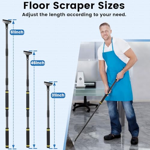 Floor Scraper Long Handle, 31"- 58" Razor Blade Floor Scraper Heavy Duty Tool with 10 Blades for Cleaning Wall Razor Glass Wall Gum Paint Tile Glue Adjustable Metal Pole (58)