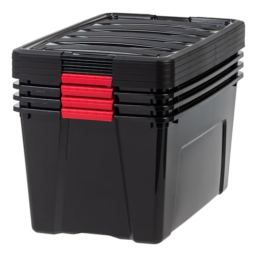IRIS USA 4-Pack 72 Quart Storage Bins with Lids, Black | Black finish conceals stored items. Perfect for moving, blankets, clothing, and garage storage. Nestable design saves space - size: 72 Qt, style: 4 Pack