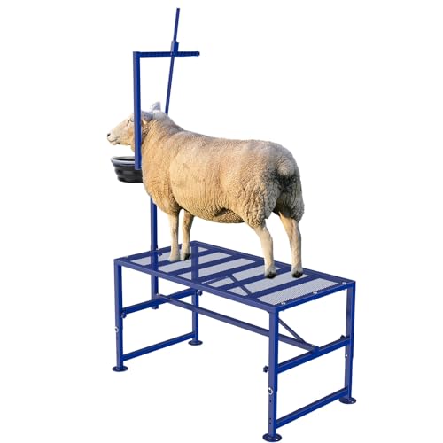 600 LBs Goat Stand with Feed Bin, Goat Milking Stand for Sheep Trimming and Milking, Hoof Trimming Stand Adjustable Size, with Feeder, Iron Blue - color: Blue, size: L - 47 inch