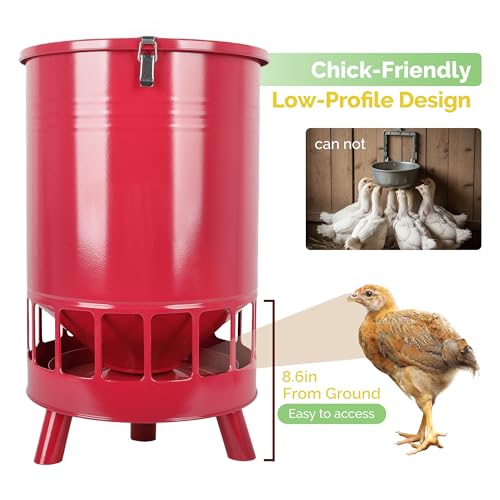 Solution4Patio 50LB No-Waste Chicken Feeder, Large Capacity Gravity Dispenser with Spill Control & 16 Feeding Ports Poultry Feeder for Outdoors & Hen Coop (Red) - color: Red