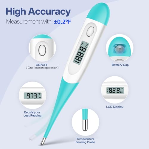 Boncare 10 Seconds Oral Thermometer for Adults and Kids, Blue Green | Accurate & Safe, Rectal Digital Thermometer for Baby, Fever Alarm - color: Blue Green