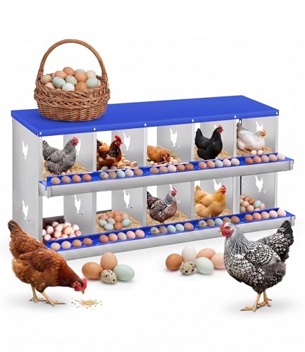 10 Compartment Chicken Nesting Box, Heavy Duty Metal Laying Box with Perch, Easy Assembly & Easy Clean for Outdoor Chicken Coop, Blue - color: Blue, size: 10 Compartment