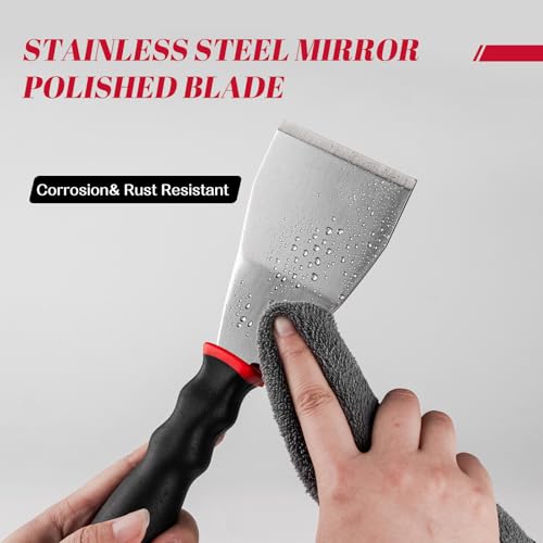 Mister Rui 3 Inch Metal Scraper, Bent Heavy Duty Curved Paint Scraper Tool | Stainless Steel Putty Knife with Hammer End, Spackle Knife with Soft Grip Rubber Handle, Paint Scraper Tool for Wood, Wall