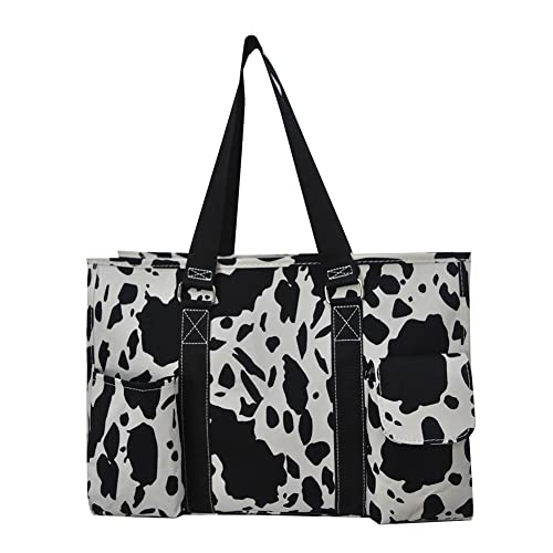NGIL Utility Water Resistant Tote Bag | Work Tote for Women, Nurse Bag, Teacher's Choice Purse, Gym Bag, Everyday Organizer Top Zipper Closure - color: Cow Splatter-black