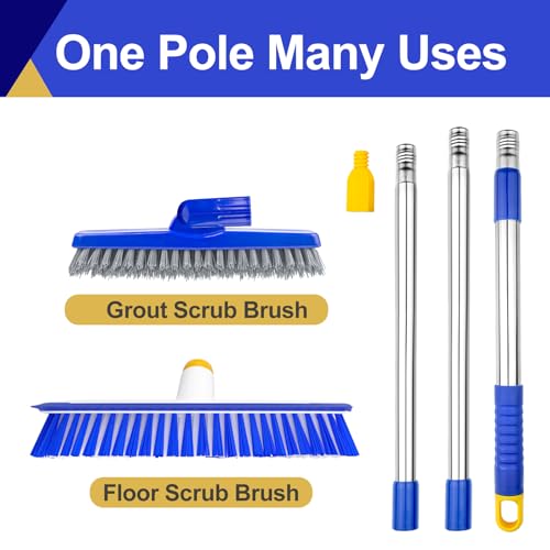 12" Wide Floor Scrub and Grout Brush Set With Long Extendable Handle - Stiff Bristle Heavy Duty Cleaner for Tile, Deck, Garage, Kitchen, Bathroom - color: White+blue