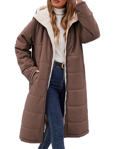 Yusongirl Women's Reversible Long Winter Puffer Coat with Hood and Fleece | Two wearable sides for winter commutes, school runs and city errands, with quilted warmth, soft fleece, a hood and pockets - color: Coffee, size: Small