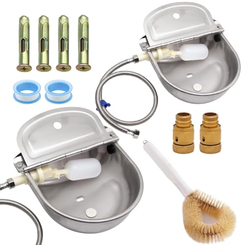 2-Pack Automatic Livestock Waterer, 304 Stainless Steel Auto Fill Drinking Bowl with Float Valve, Drainage Hole & Protective Baffle, Wall Mount or Floor Stand, for Dogs, Chickens, Horses, Goats, Pigs