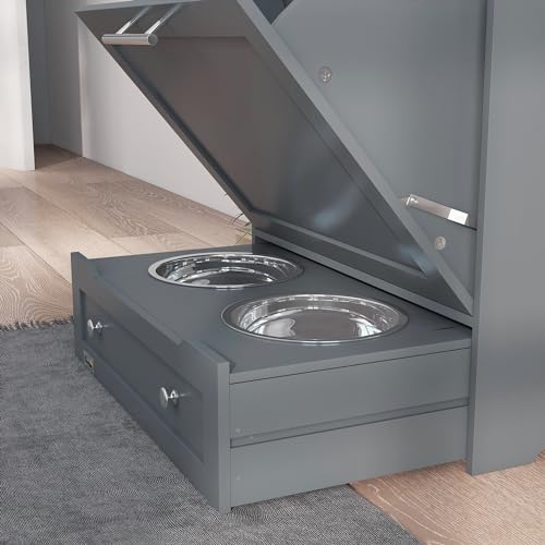PawHut Dog Feeding Station with Raised Bowls, Pet Feeder Station, Gray | Dog Food Storage Cabinet, Hanger for Feeding & Watering Supplies - color: Gray