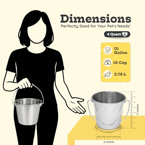 4 quart Heavy Duty Stainless Steel Round Bucket with Handle | 1 gal Durable Food & Water Bowl for Birds Dogs Cats Goat & Livestock | Fits kennel Crate Cage Farm | Hanging Utility Pet Pail - size: 4 Quarts