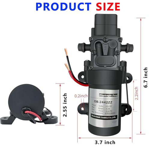 DC 12V Diaphragm Pump, Self-Priming Sprayer Pump, 1.2 GPM 87 PSI Pressure Switch Adjustable water pump, With 2 hose clamps, for RV Camping Shower Garden Irrigation