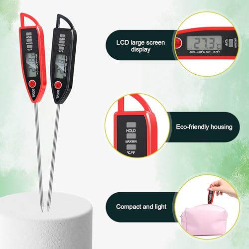 6 Set Digital Food Thermometer Long Probe Instant,Black, Red | Waterproof for Water Liquid Candle, Instant Temperature Read for Kitchen BBQ Grill Candy Meat, Foldable Probe Thermometer - color: Black,Red