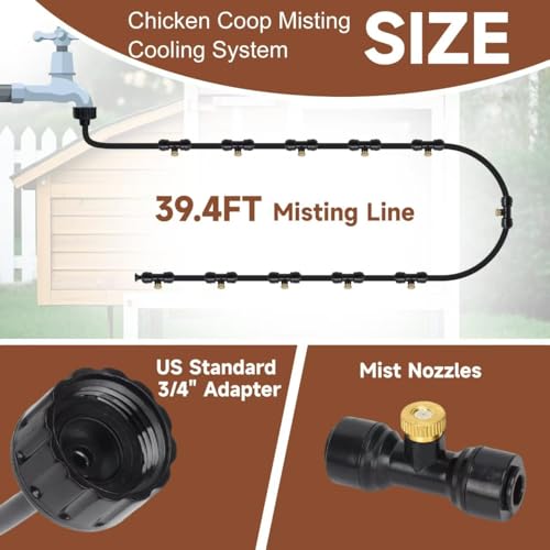 BJADE'S Chicken Coop Misting Cooling System,39.4ft Mist Hose Kit for Chicken Coop,Garden,Greenhouse,Outside Patios,Trampoline,Fan,Deck,Umbrella