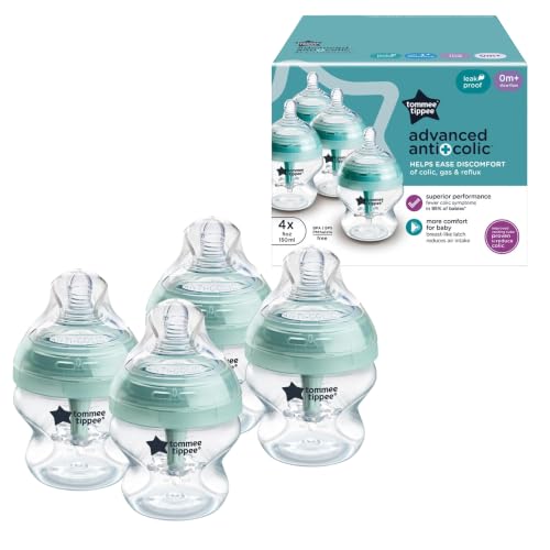 Tommee Tippee Advanced Anti-Colic Baby Bottles, Newborn 0m+, 5oz | Pack of 4, Slow Flow Breast-Like Nipple, Unique Design Keeps Air Away from Milk, Clear, BPA Free - color: Clear, 4 Pieces
