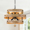 20" Farmhouse Chandelier for Dining Room Light Fixture, 6 Light | Wooden Drum Rustic Chandelier, French Country Pendant Light Over Table for Living Room Foyer Kitchen Island, 6 E12 Sockets - color: 20" Layered