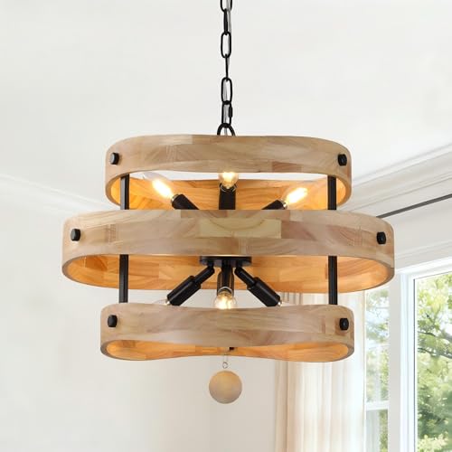20" Farmhouse Chandelier for Dining Room Light Fixture, 6 Light | Wooden Drum Rustic Chandelier, French Country Pendant Light Over Table for Living Room Foyer Kitchen Island, 6 E12 Sockets - color: 20" Layered