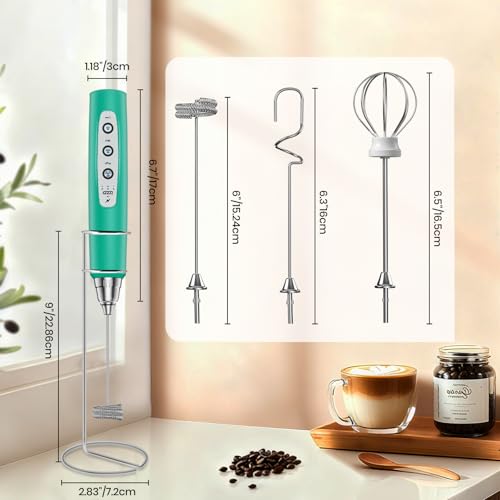 Colarlemo Milk Frother Handheld Rechargeable with Stand, Frother Wand Drink Mixer Electric Whisk for Coffee, Detachable With 3 Stainless Whisks, Hand Mixer for Lattes, Cappuccino, Matcha, Egg, Green - color: Green, style: with stand
