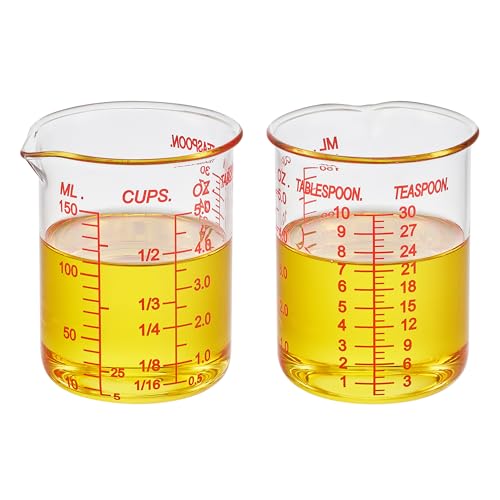 Ackers BORO3.3 Glass Measuring Cup, V-Shaped Spout, 150 mL / 5 oz, Single | 3.3 borosilicate glass with five red printed scales and a wide opening for cooking, baking and drink preparation - size: 150 ML (5 Oz)-SINGLE