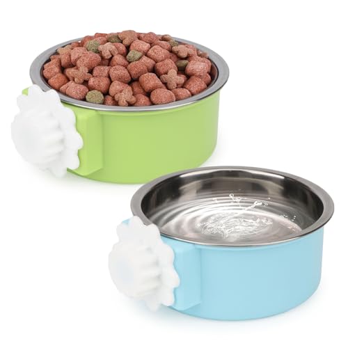 Dog Crate Water Bowl No Spill Removable Hanging Bowls, Blue | Stainless steel + plastic 2-in-1, twist-lock easy install, detachable easy clean, for small dogs/cats/rabbits/guinea pigs - color: Blue+Green