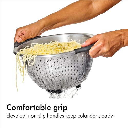 OXO Good Grips Strainer - 5 Qt Capacity, Stainless Steel | Colander, Nesting Design For Easy Storage, Non-Slip Handles, Drains Pasta And Vegetables, Dishwasher Safe - size: 5 Qt