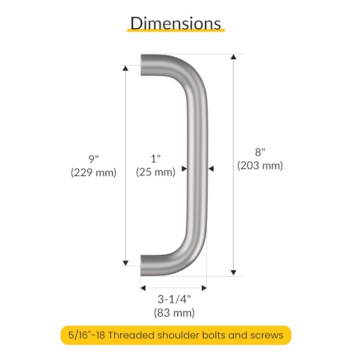 BRIXWELL Straight Back-to-Back Pull Handle Aluminum Material, Brushed Stainless Steel Finish, 9" Total Length, 8" Center-to-Center, 1" Diameter, 3-1/4" Projection - color: Brushed Stainless Steel, size: 9 Inch