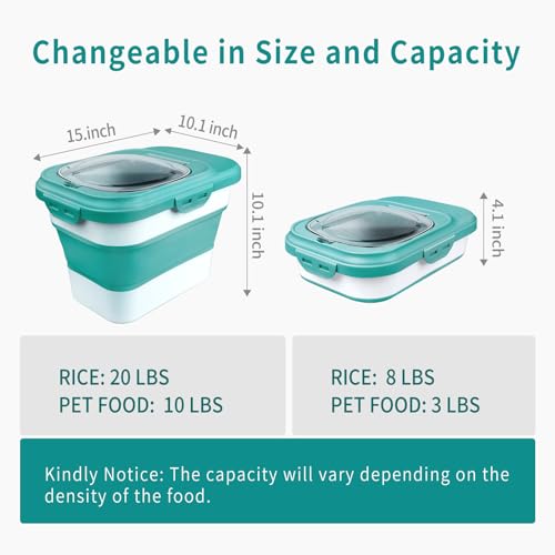 Rice Storage Container, Collapsible Airtight Food Storage Containers 6-20 Lbs, Rice Dispenser with Measuring Cup and Small Bin for Flour Cereal Pasta Grain, Cat Pet Dog Bird Food Container - color: Green