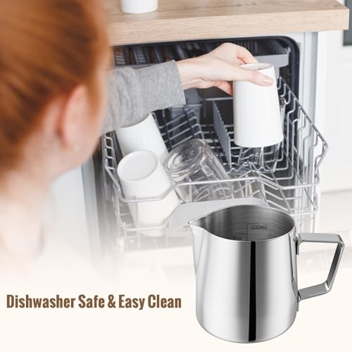 HULISEN Milk Frothing Pitcher, 6.8oz/200ml Stainless Steel Frother Cup | Small Steaming Pitcher for Espresso Machine, Latte Art Pour Cup, Measurement Markings, Dishwasher Safe - size: 6.8oz/200ml Silver