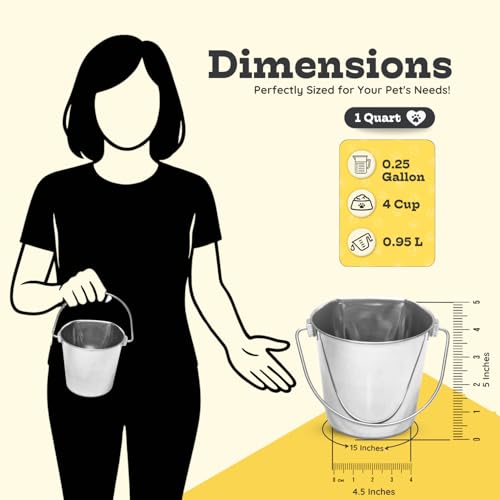 Flat Sided Stainless Steel Hanging Bucket, 1 Quart (0.25 Gallon), 2 Pack, Heavy Duty Kennel Cage Food & Water Pail for Small Dogs, Cats, Birds & Pets, Durable, Easy to Clean Feeder - size: 1 Quart (Pack of 2)