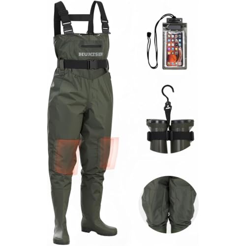 HUNTSEN Fishing Waders for Men Women - 2-Ply Nylon/PVC Waterproof Hunting Chest Waders with Boot Hanger&Phone Case, Size9-13 - color: Green, size: 11