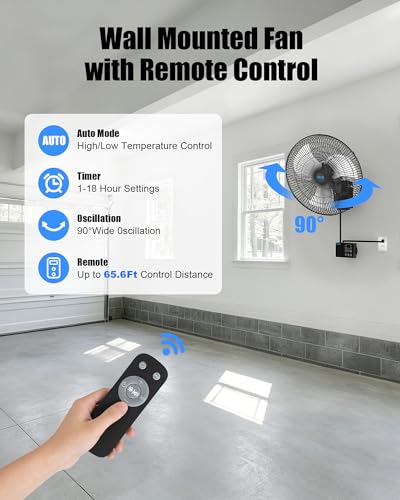 20" Wall Mounted Fan with Thermostat & Remote, Oscillating Fan | Wall Mount Fan, 1-18H Timer, 3-Speed 4750 CFM High Velocity Industrial Wall Fan for Garage, Farm, Patio, Workshop, Barn - size: 20 inch