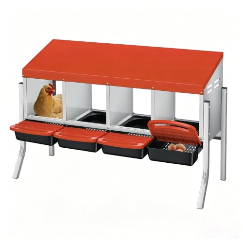 Galvanized Steel Chicken Nesting Box 4 Compartment with Pull Out Tray, Roll Away Nest Boxes for Laying Hens Egg Collection, Wall Mount Poultry Nest Box for Coop with Handle, Orange, with Legs - color: Orange, size: 4 Compartments with Support Legs