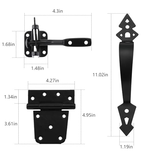 Fence Gate Hardware Kit, 3-1/2" Heavy Duty Gate Hinges, Latch and Handle | 2 Pack T Hinges, Self Locking Gate Latch, Decorative Cate Handle, Included Screws, Black, HOME MASTER HARDWARE