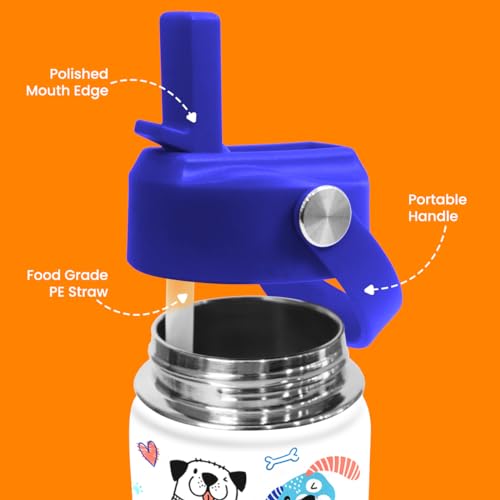 SANDJEST Dog Water Bottle - Kids Water Bottle with Straw Lid - 12 Oz Insulated Stainless Steel Water Bottles for Kid Boys - Travel Cup for School Sports - color: Dog
