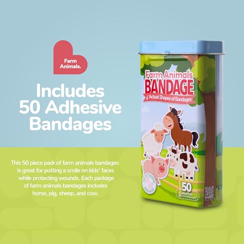 BioSwiss Bandages, Farm Animal Shaped Self Adhesive Bandage Set, Latex Free, Sterile Wound Care, 50 Count - size: 50-Count Tin, style: Farm Animals