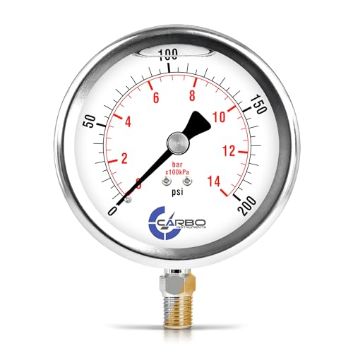 200 PSI Glycerin Liquid Filled Pressure Gauge, 4" Dial, 1/4 NPT Lower Mount, 304 Stainless Steel Case, Brass Wetted Parts, Dual Scale PSI/Bar - ASME B40.1 Grade A - size: 0-200 Psi, style: STANDARD