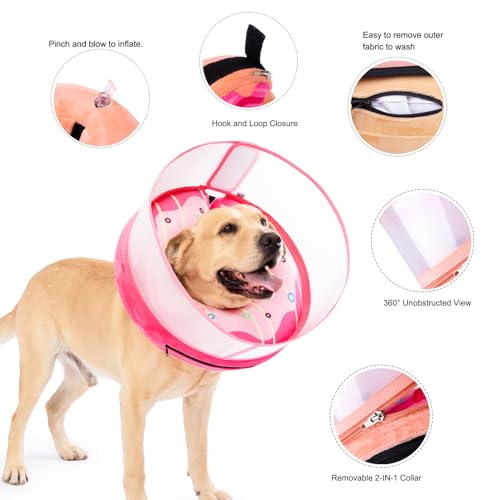 Inflatable Dog Cone Collar for Large Medium Small Dogs, Soft Dog Donut Collar Adjustable Recovery Cone for Pets After Surgery, Extra Enhanced Anti-Licking Guard Shield (Pink Donut, Large) - color: Pink Donut, size: Large