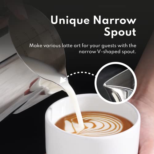 New Star Foodservice Stainless Steel Frothing Pitcher, 20 oz Espresso Milk Steaming Cup with Measurement Scale, Commercial Grade 18/8 Barista Pitcher for Lattes, Cappuccinos, Coffee, Silver - size: 20.3 Ounces