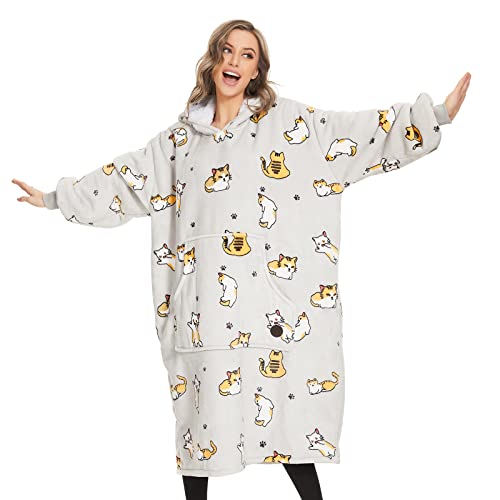 THREE POODLE Wearable Blanket Hoodie, Oversized Long Sherpa Sweatshirt Blanket for Adults Women Men, Warm Cozy Cat Hooded Blanket, Gifts for Mom Girlfriend - color: Cat, size: Adult-Extra Long