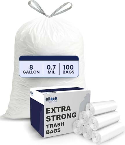 Plasticplace 8 Gallon Trash Bags: Premium White Drawstring Garbage Bag, 0.7 Mil Thickness, Durable Trash Can Liners, Garbage Bags for your Trash Can, Ring Size 22" x 22" (Pack of 100) - size: 100 Count (Pack of 1)