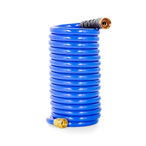 Camco 20' Self Coiling Water Hose with Brass Fittings and 1.5" ID for Marine Use, Cleaning, Car Washing and Gardening, Blue - style: 20' Coiled Water Hose