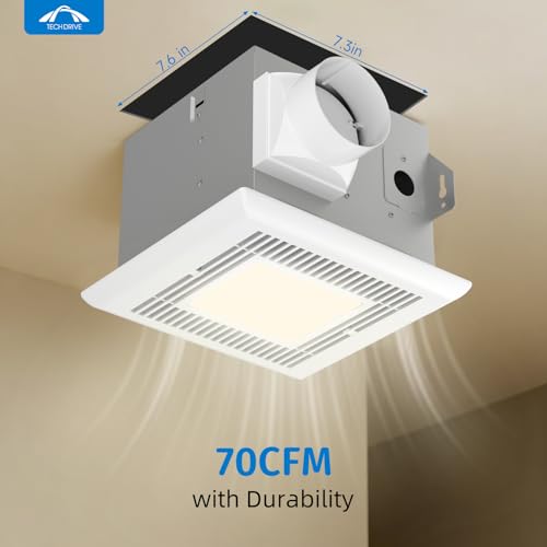Tech Drive Bathroom Fan with light,Very-Quiet 70 CFM, 2.0 Sone,3 Inch Duct | 600LM 4000K LED light, Ceiling Mounted Ventilation Fan,Easy to Install for Bathrooms Up to 75 Sq. Ft - size: 70CFM with LED Light